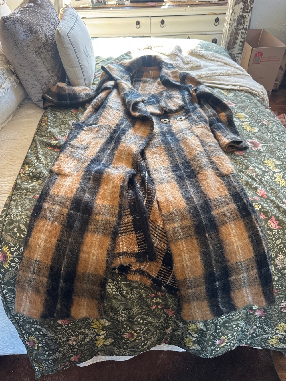 Free People Plaid Long Trench Coat in Mustard & Black